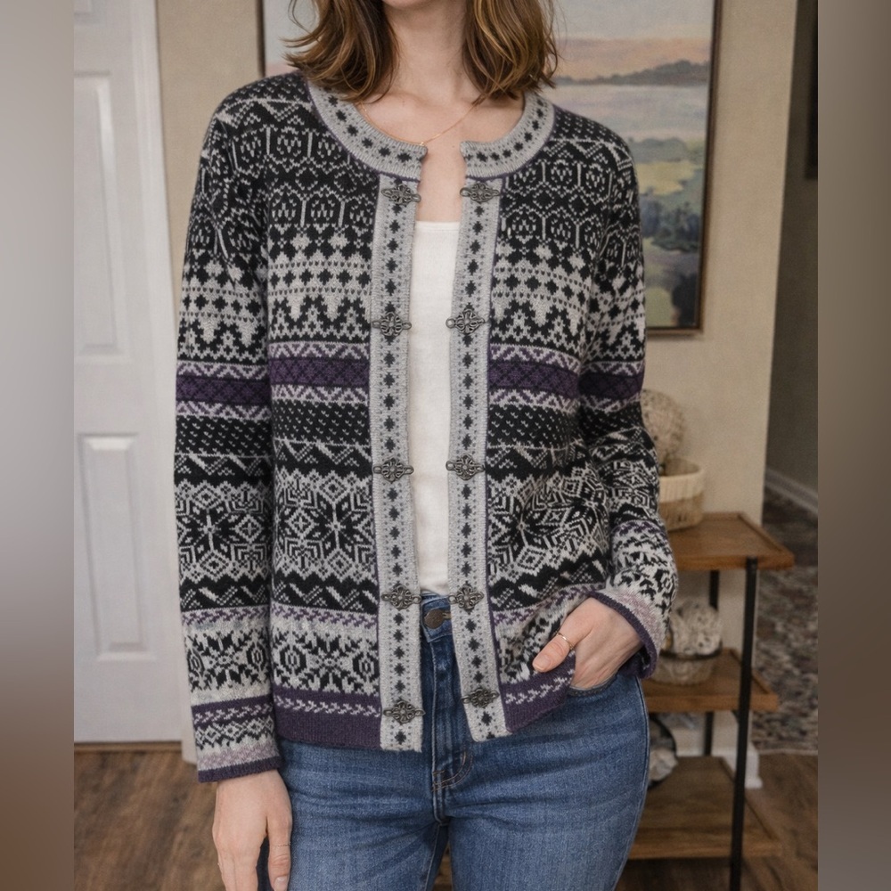 Telluride Clothing Co. Wool Fair Isle Cardigan M Nordic Ski Lodge Purple Gray